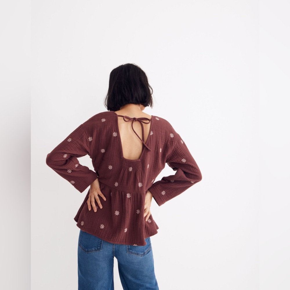 Madewell Embroidered Lightspun Peplum Open-Back Top, Size Small - Picture 3 of 8